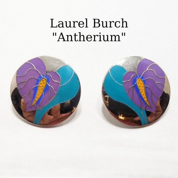 Vintage Laurel Burch "Antherium" Earrings, Rhodium Plated, 1980s Vintage Jewelry - Picture 1 of 10